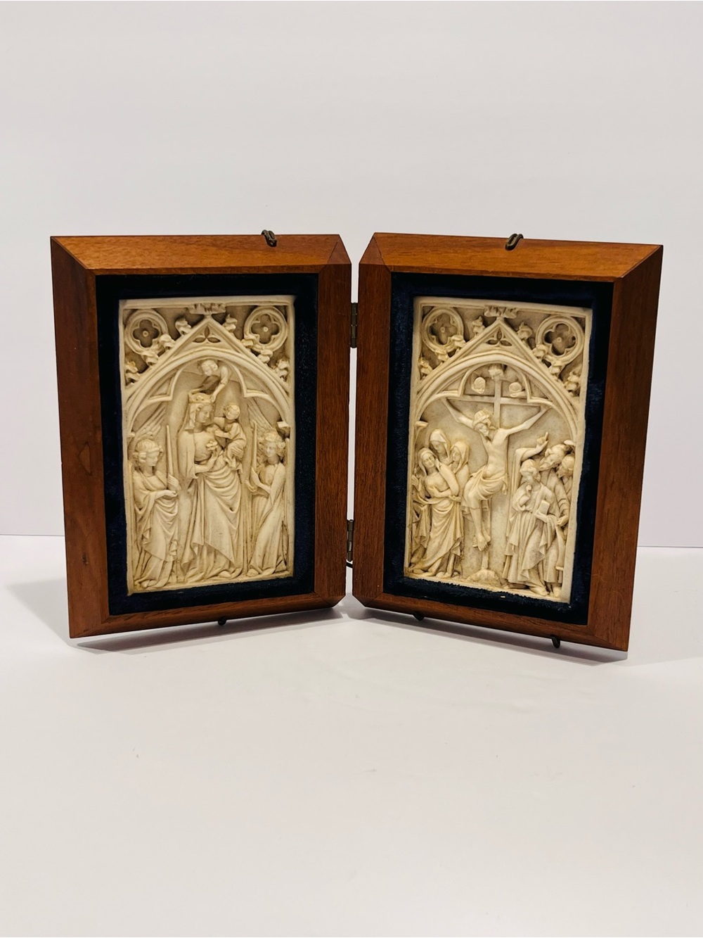 Antique Reproduction Diptych With The Virgin & Child, Crucifixion  Wood Frame